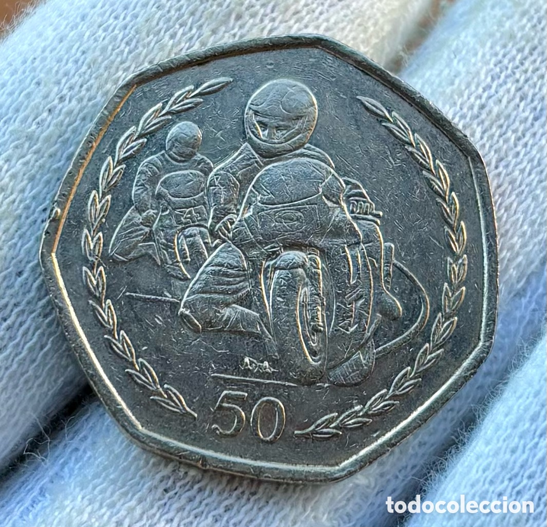 Alte M&uuml;nzen aus Europa: Moneda ISLA DE MAN 50 Peniques 1997. Carrera Moto TT. Pence