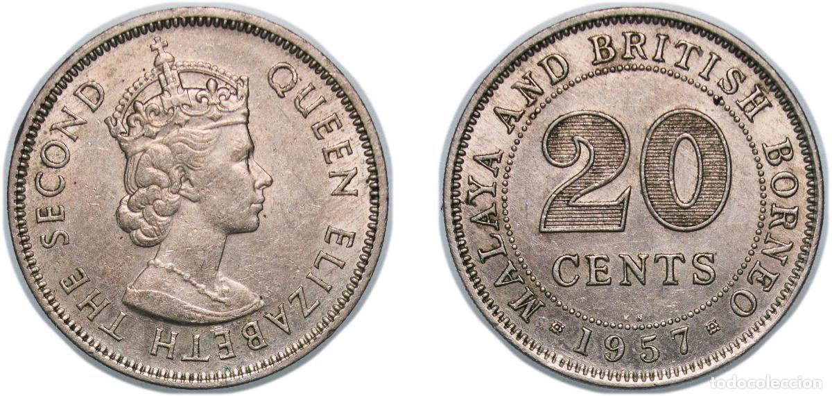 Monedas antiguas de Europa: British Malaysia Malaya and British Borneo British colony 1957 KN 20 Cents - Elizabeth II Copper-ni