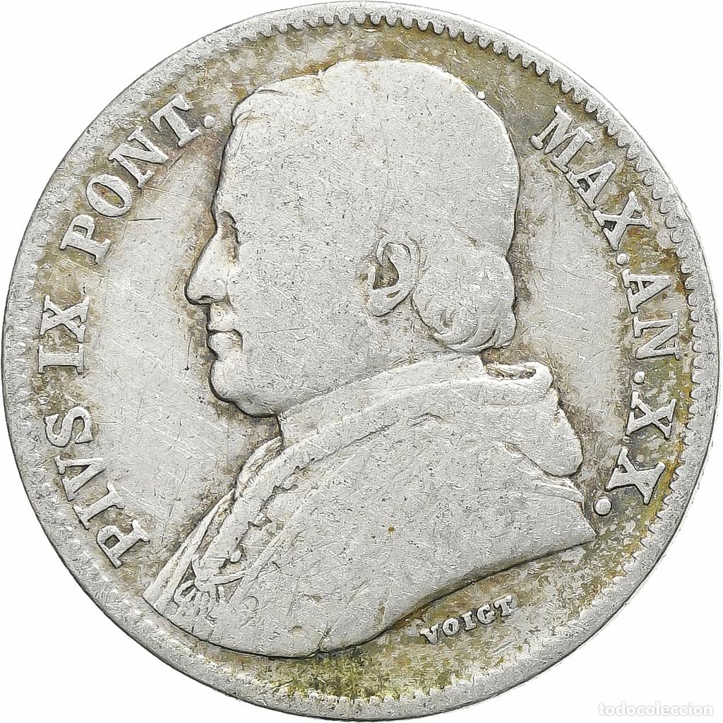 Moedas antigas da Europa: [#1116159] Estados italianos, PAPAL STATES, Pius IX, 20 Baiocchi, 1865, Rome, Plata, BC+