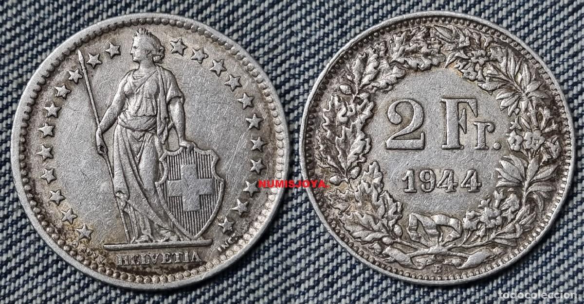 Moedas antigas da Europa: SUIZA a&ntilde;o 1944 B. 2 Francos Plata. Peso 10,00 gr. 27,4 mm.