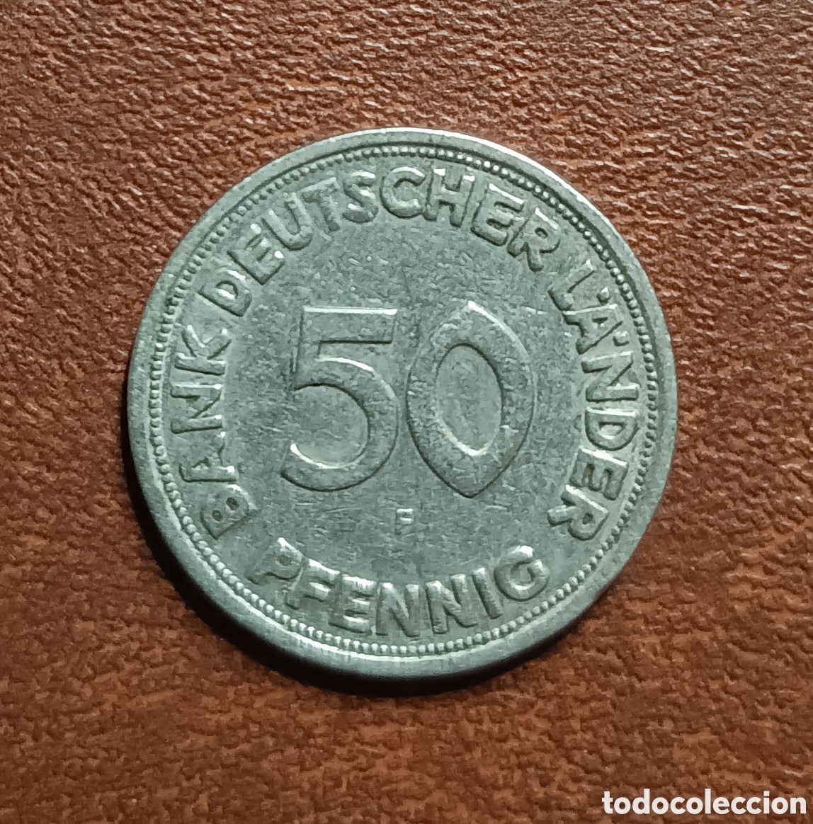 Moedas antigas da Europa: 50 PFENNIG 1949- CECA F - ALEMANIA