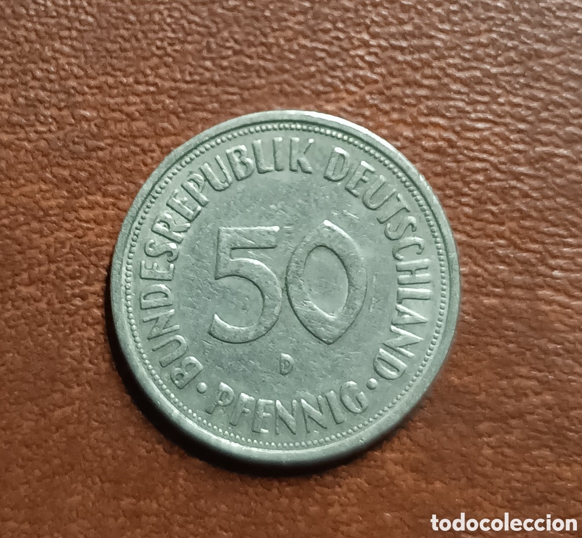 Moedas antigas da Europa: 50 PFENNIG 1950- CECA D - ALEMANIA