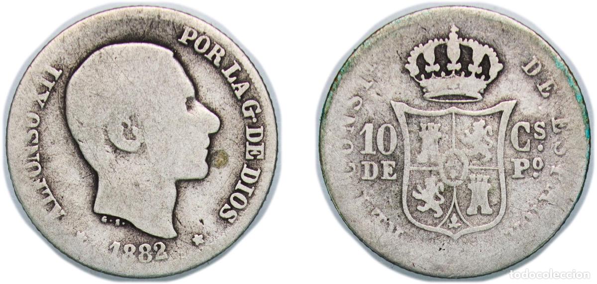 Monete antiche di Europa: Philippines kingdom 1882 10 Centimos - Alfonso XII Silver (.835) (525000) 2.37g F KM 148