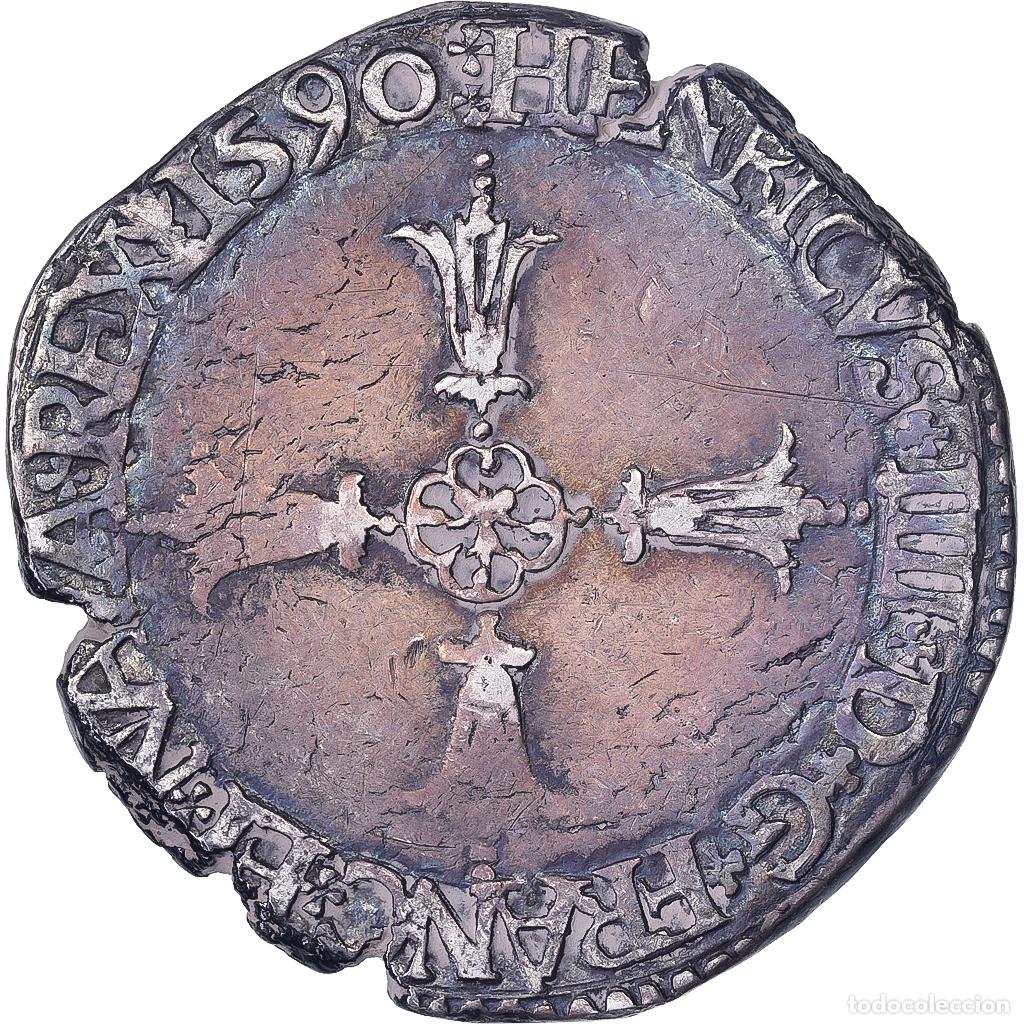Old Coins of Europe: [#1507526] Francia, Henri IV, 1/4 Ecu, 1590, La Rochelle, Plata, BC+, Gadoury:597