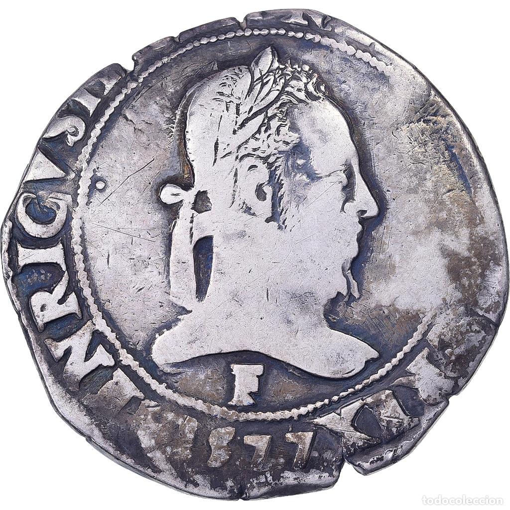 Monete antiche di Europa: [#1507502] Francia, Henri III, Franc au Col Plat, 1577, Angers, Plata, BC+, Gadoury:496