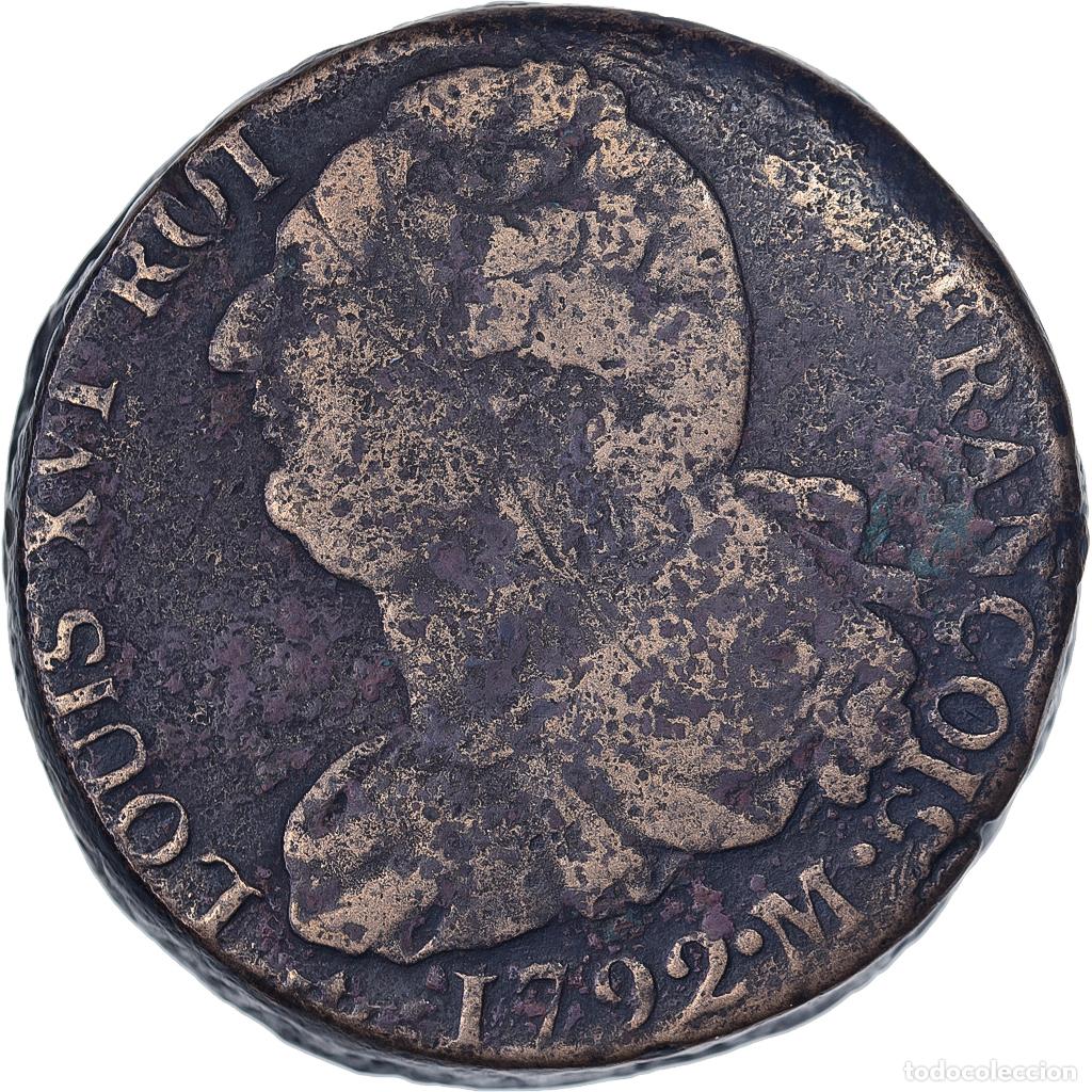 Moedas antigas da Europa: [#137238] Francia, Louis XVI, 2 sols Fran&ccedil;ois, 1792 / AN 4, Toulouse, M&eacute;tal de cloche