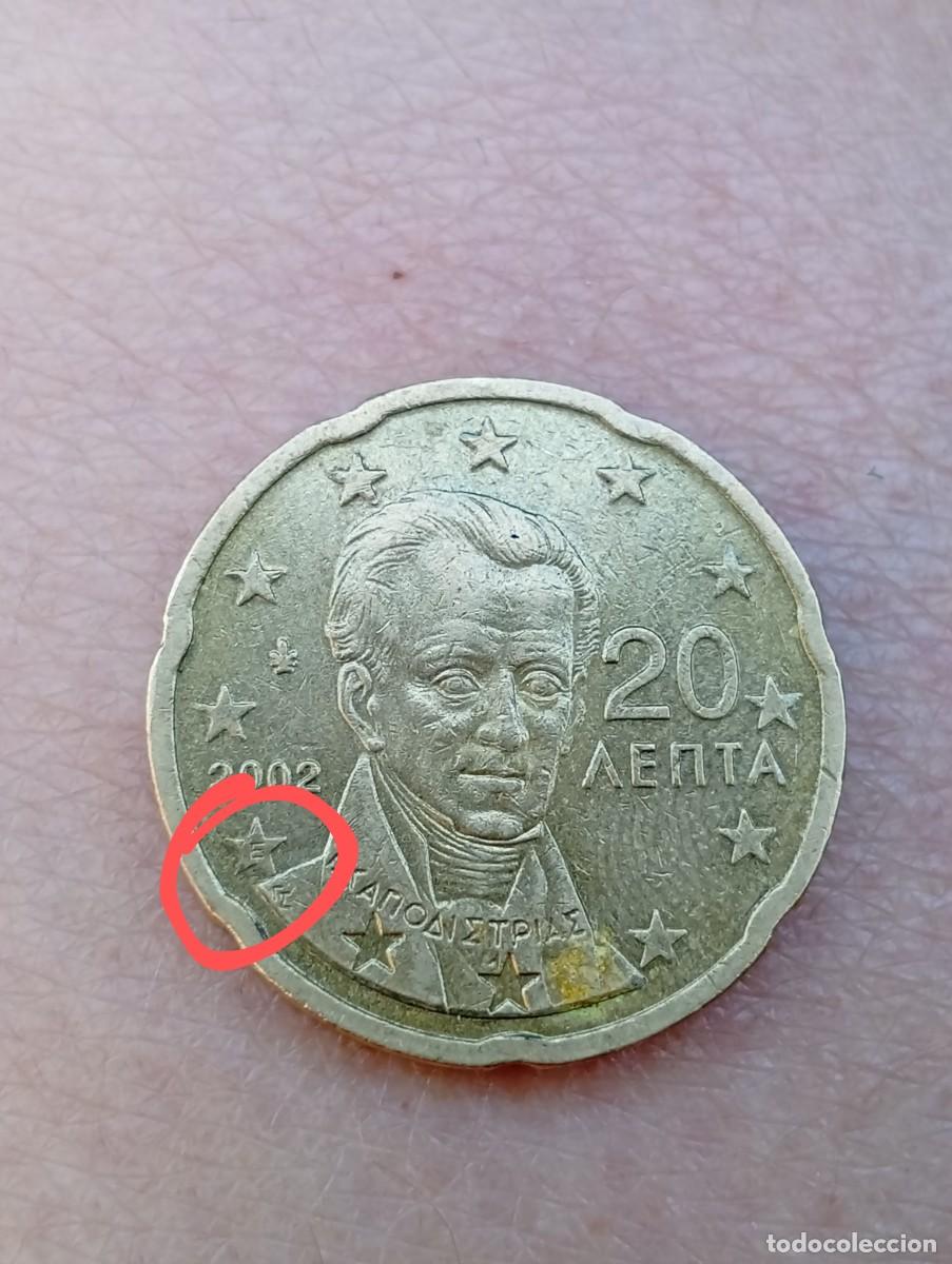 Monedas antiguas de Europa: Moedas de 20 c&ecirc;ntimos gregas 2002, com defeitos e letra &rdquo;E&rdquo; - Foto 2