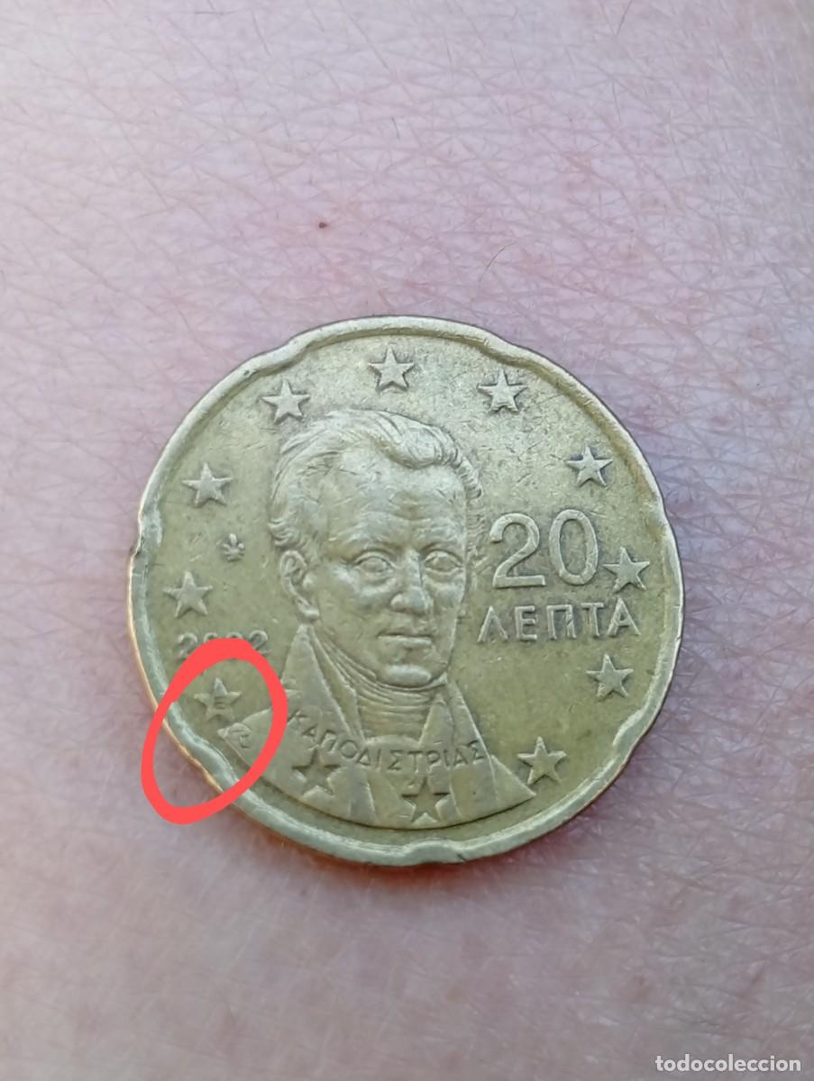Monedas antiguas de Europa: Moedas de 20 c&ecirc;ntimos gregas 2002, com defeitos e letra &rdquo;E&rdquo; - Foto 4