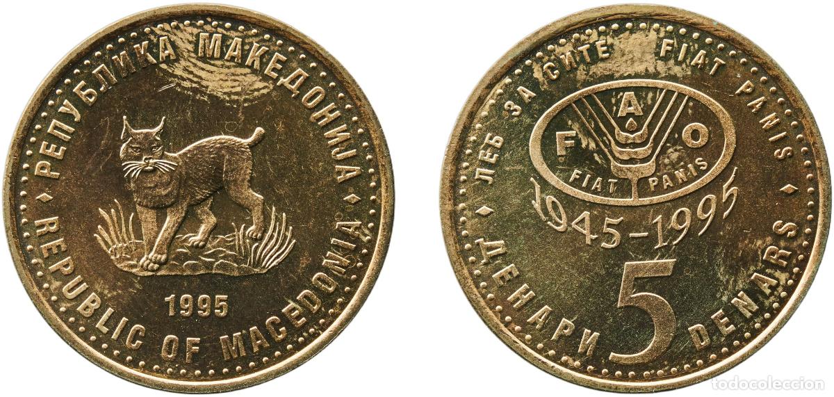 Monedas antiguas de Europa: North Macedonia 1995 5 Denari (FAO) Brass Fabrika Suvenir Mint (3123000) 7.32g BU KM 7 Sch&ouml;n 7