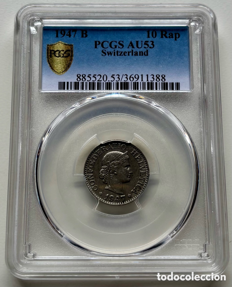 Monedas antiguas de Europa: Moneda SUIZA 10 Rappen 1947. Certificado PCGS AU53
