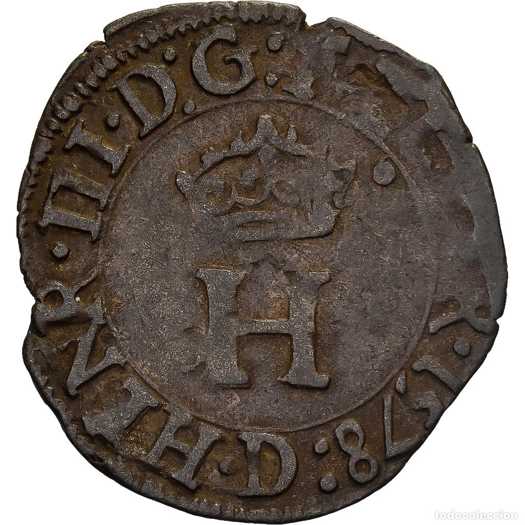 Moedas antigas da Europa: [#981652] Francia, Henri III, Liard, 1578, Lyon, Vell&oacute;n, BC+, Gadoury:461, Duplessy:1145