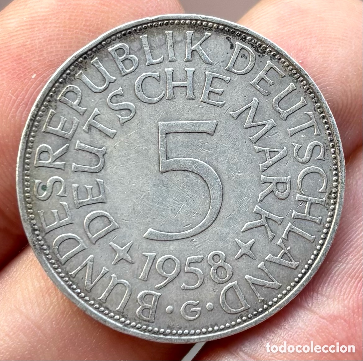 Monnaies anciennes de Europe: Moneda PLATA ALEMANIA 5 Marcos 1958-G. Mark