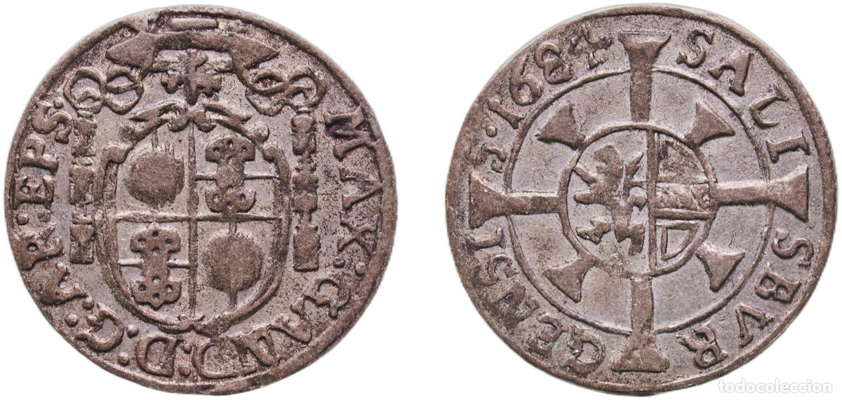 Alte M&uuml;nzen aus Europa: Austria Bishopric of Salzburg 1684 1 Kreuzer - Max Gandolf von Kuenburg Silver 0.66g XF KM 187