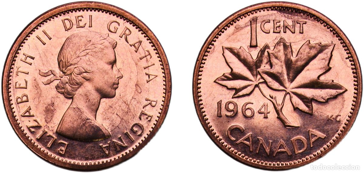 Moedas antigas da Europa: Canada British colony 1964 1 Cent - Elizabeth II (1st portrait) Bronze (98% copper, 0.5% tin, 1.5%
