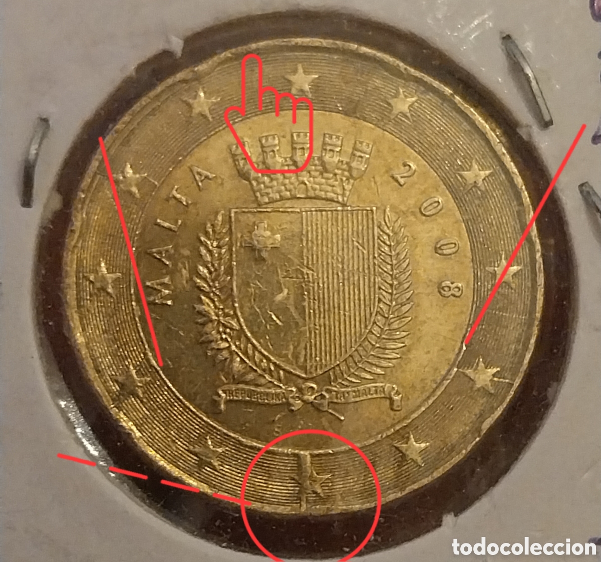 Monedas antiguas de Europa: 20cents Malta 2019, ERROR DE ACU&Ntilde;ACI&Oacute;N DISTINTIVO, FISURA DE CRU&Ntilde;O.