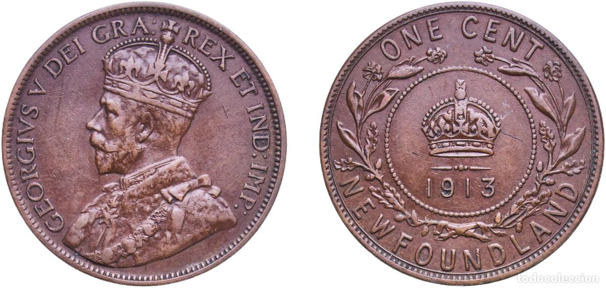 Moedas antigas da Europa: Canada Newfoundland 1913 1 Cent - George V Bronze (1913-1920: .950 copper, .040 tin, .010 zinc / 19