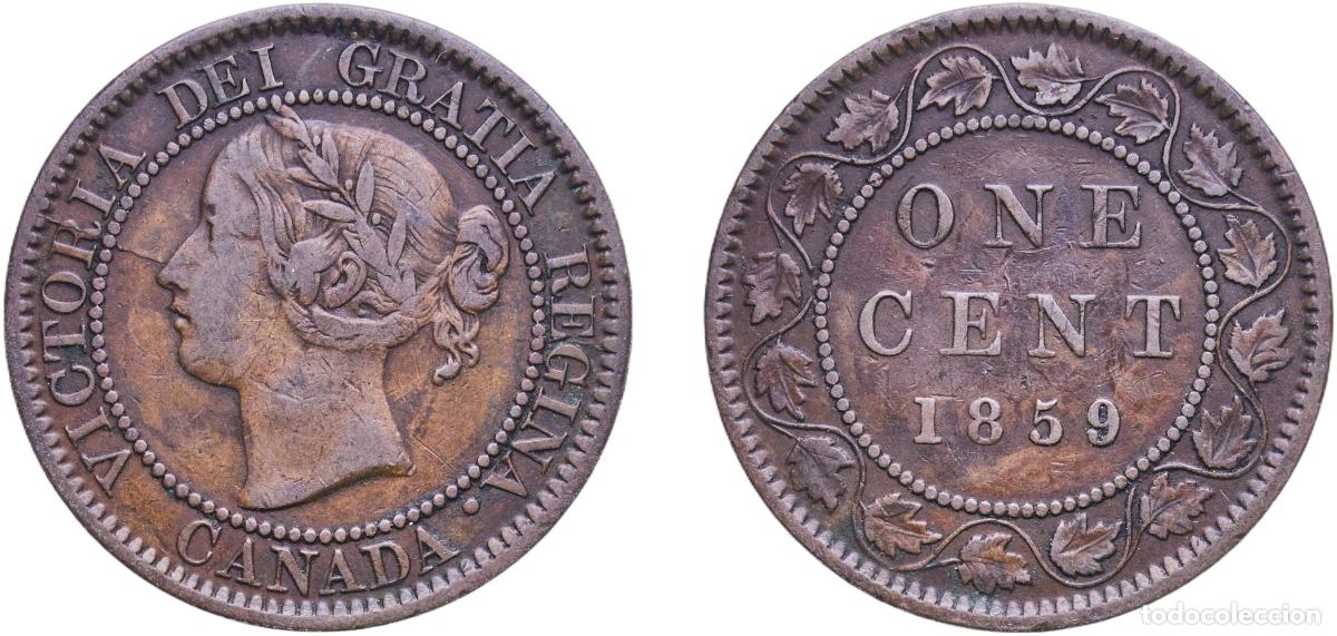 Moedas antigas da Europa: Canada British colony 1859 1 Cent - Victoria Bronze (Cu 95%, Sn 4%, Zn 1%) Royal Mint (Tower Hill)