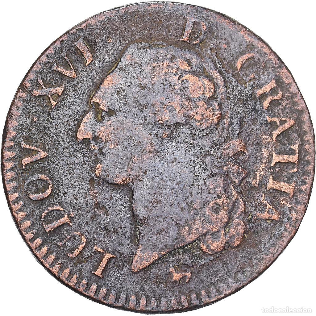 Monedas antiguas de Europa: [#138238] Francia, Louis XVI, 1 Sol, 1791, Paris, Cobre, BC+, Gadoury:350