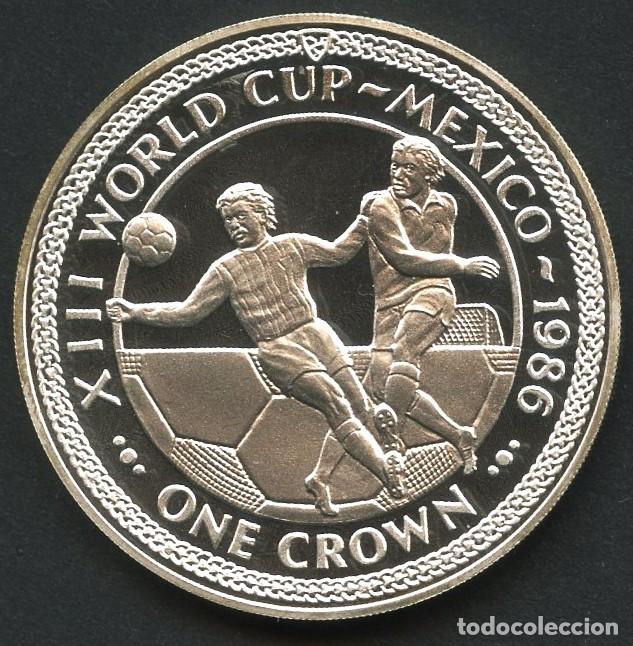 Monedas antiguas de Europa: ISLA DE MAN, MONEDA DE PLATA, COPA MUNDIAL DE F&Uacute;TBOL MEXICO, VALOR: 1 CROWN, 1986