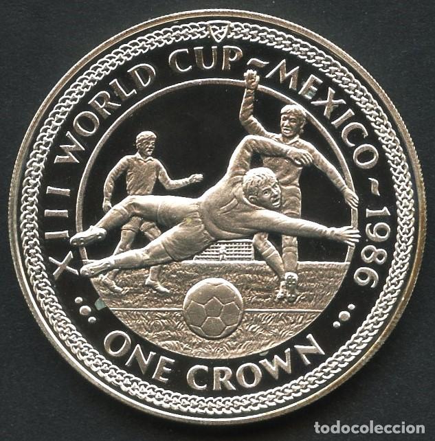 Monedas antiguas de Europa: ISLA DE MAN, MONEDA DE PLATA, COPA MUNDIAL DE F&Uacute;TBOL MEXICO, VALOR: 1 CROWN, 1986