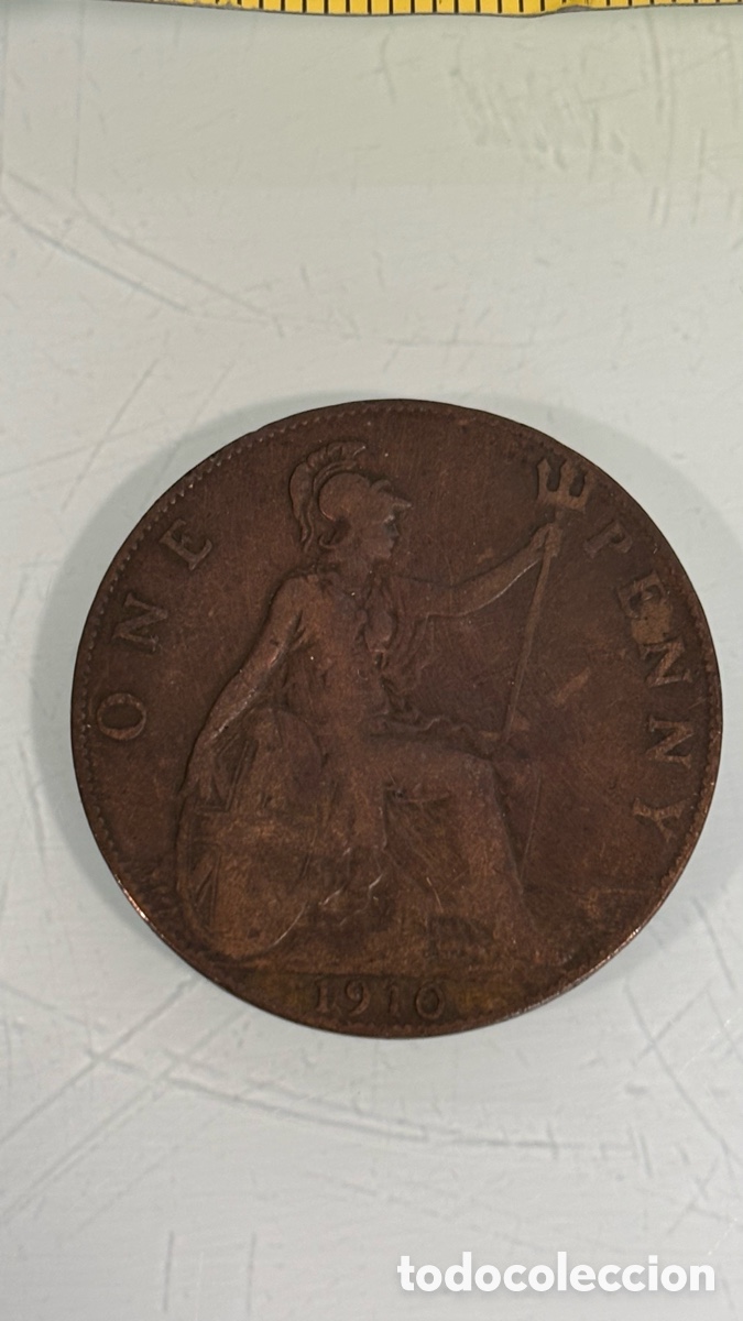 Monedas antiguas de Europa: penique (one penny) del Reino Unido datado en 1910