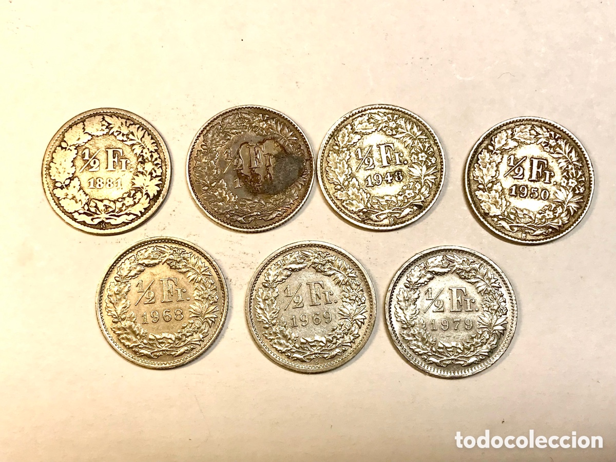 Monedas antiguas de Europa: Lote 7 Monedas Suiza (1881-1979) Helvetia - 4 Monedas de PLATA - Incluye 1881