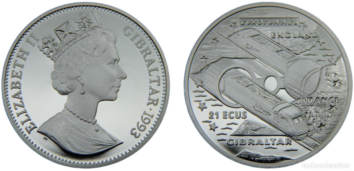 Old Coins of Europe: Gibraltar British colony Elizabeth II 1993 PM 21 ECUs Euro Tunnel