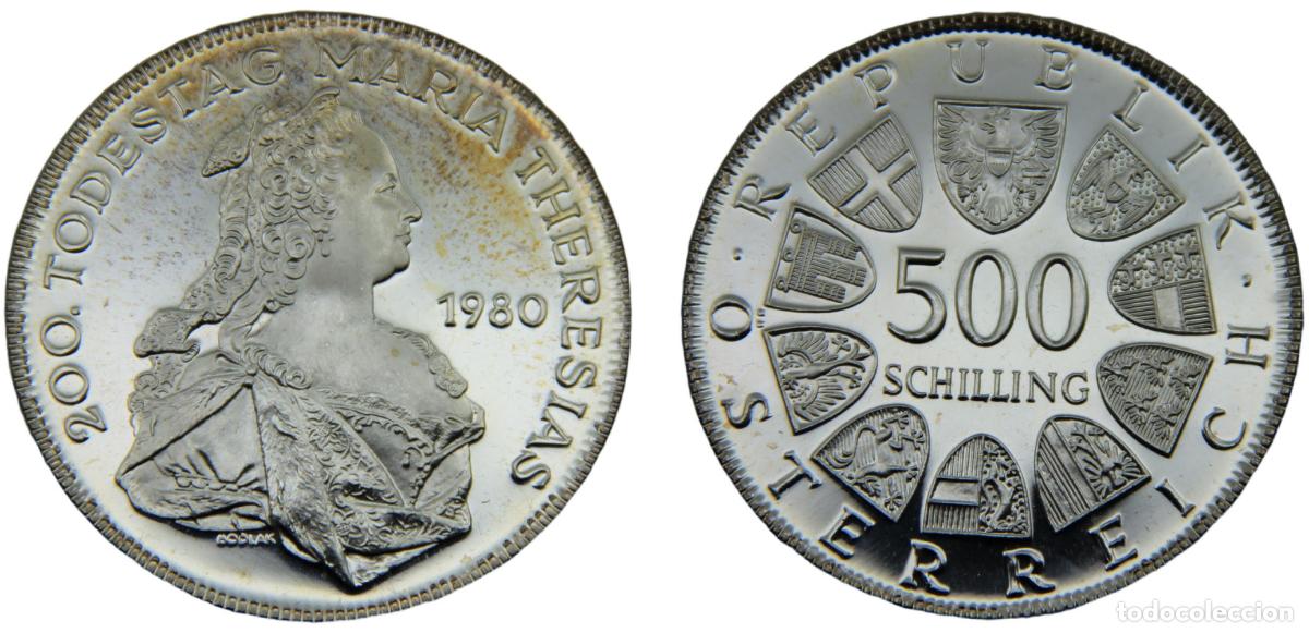 Monete antiche di Europa: Austria Second Republic 1980 500 Schilling Bicentennial, Death of Maria Theresia
