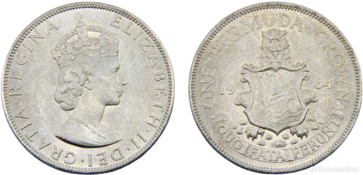 Monete antiche di Europa: Bermuda British colony Elizabeth II 1964 1 Crown Lion holding the coat
