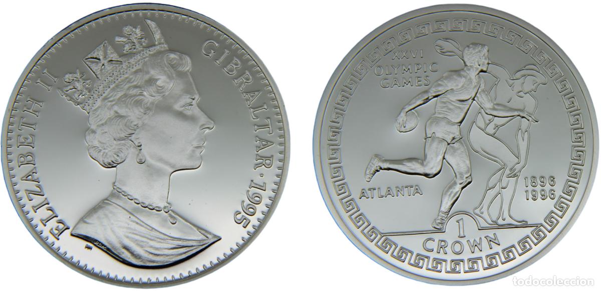Alte M&uuml;nzen aus Europa: Gibraltar British colony Elizabeth II 1995 1 Crown 1996 Atlanta Olympic Games, Discus Thrower