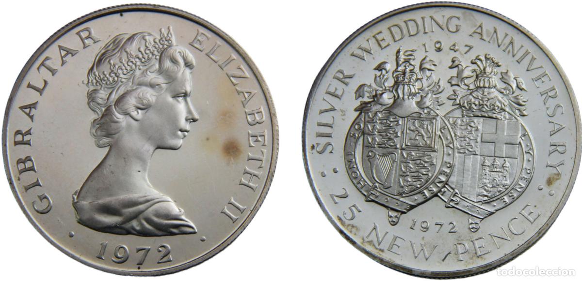 Monete antiche di Europa: Gibraltar British colony Elizabeth II 1972 25 New Pence Silver Wedding