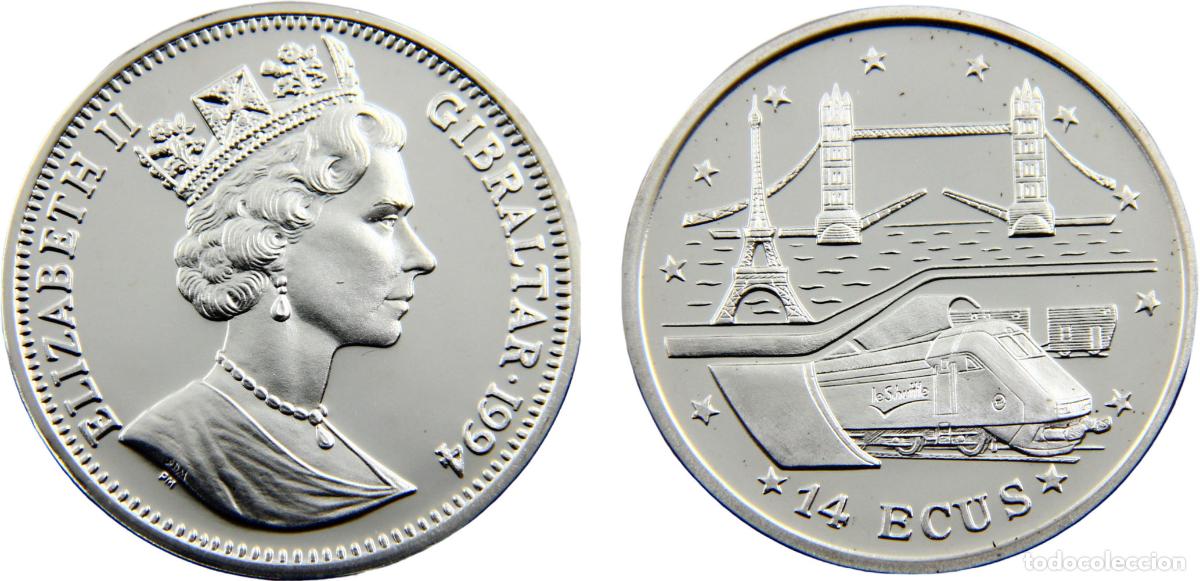 Monete antiche di Europa: Gibraltar British colony Elizabeth II 1994 PM 14 ECUs Euro Tunnel