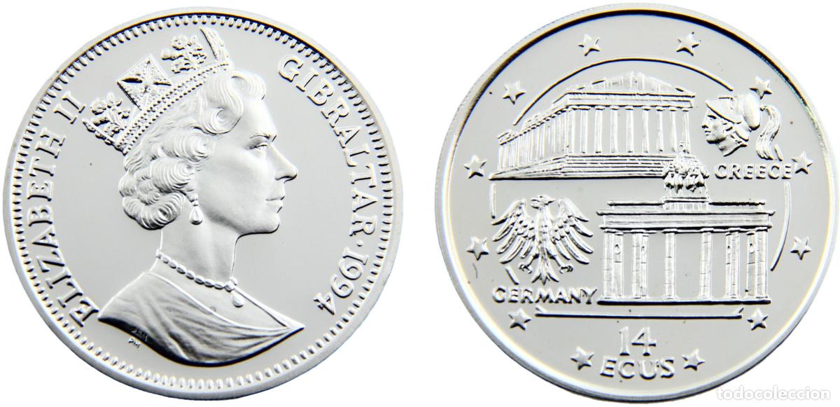 Alte M&uuml;nzen aus Europa: Gibraltar 1994 14 ECUS Parthenon and Brandenburg Gate