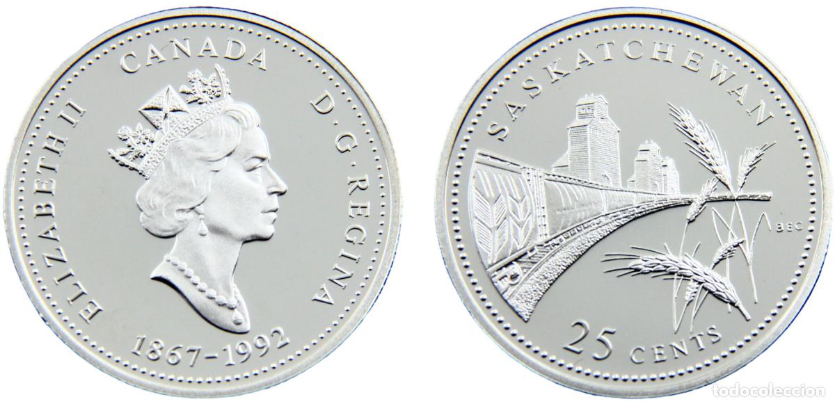 Moedas antigas da Europa: Canada Commonwealth Elizabeth II 1992 25 Cents Saskatchewan