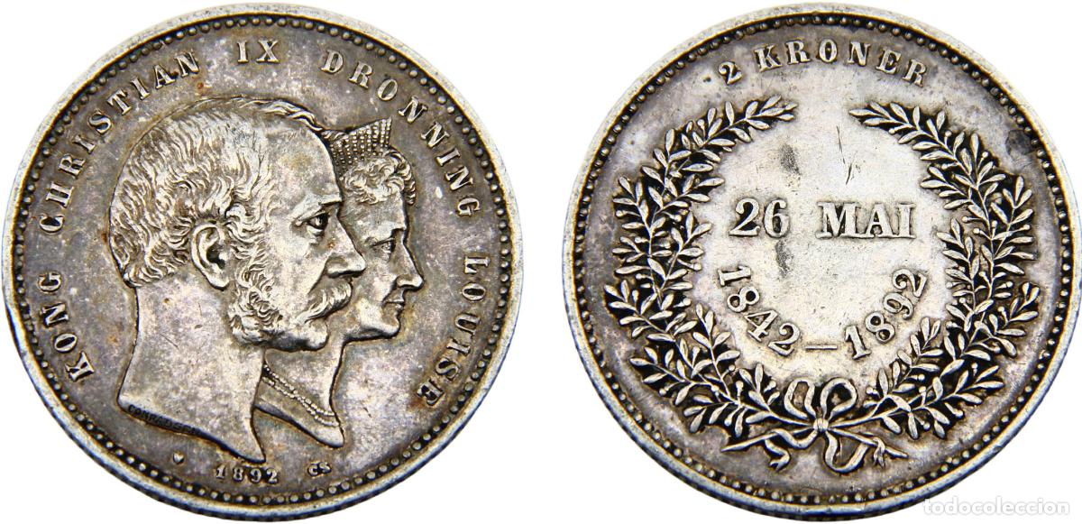 Moedas antigas da Europa: Denmark Kingdom Christian IX 1892 CS 2 Kroner Golden Wedding