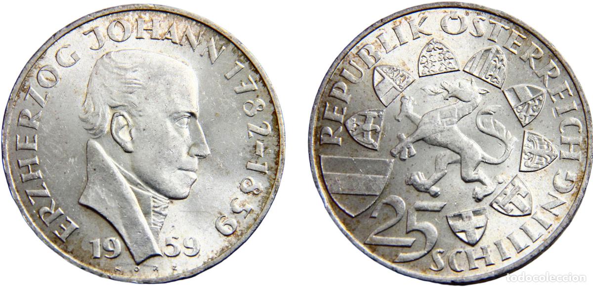 Monete antiche di Europa: Austria Second Republic 1959 25 Schilling 100th Anniversary of the Death of Archduke Johann