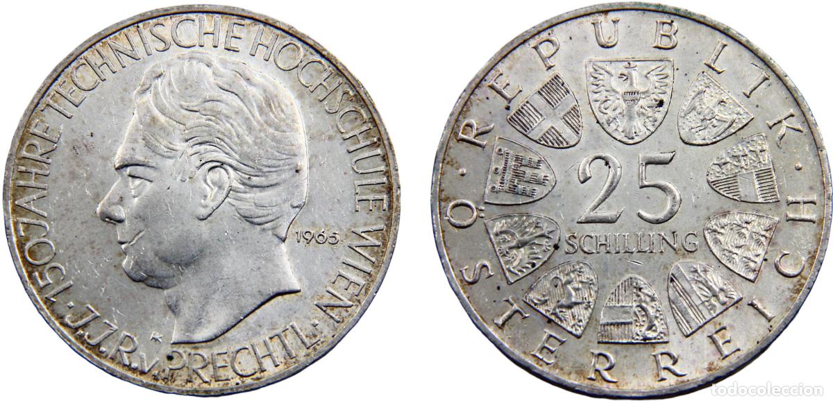 Moedas antigas da Europa: Austria Second Republic 1965 25 Schilling 150th Anniversary of the Vienna Tech High School