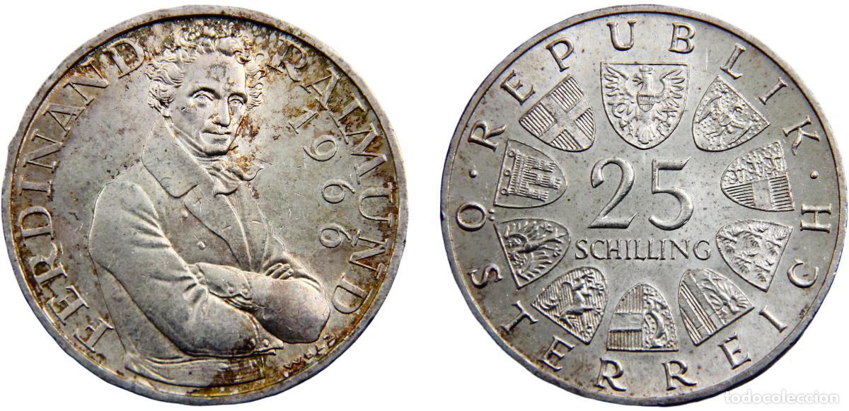 Moedas antigas da Europa: Austria Second Republic 1966 25 Schilling 130th Anniversary of the Death of Ferdinand Raimund