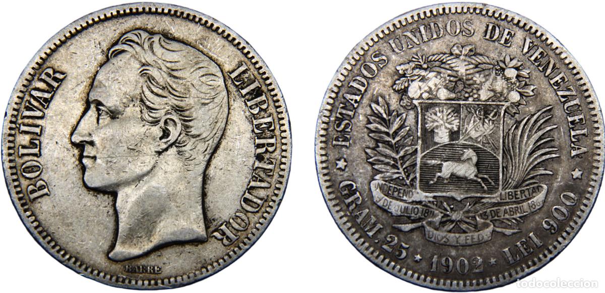 Moedas antigas da Europa: Venezuela United States 1902 5 Bol&iacute;vares BOL&Iacute;VAR LIBERTADOR