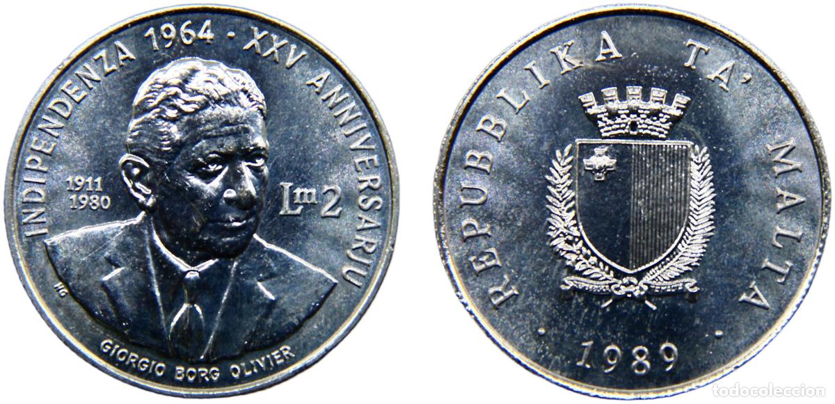 Moedas antigas da Europa: Malta Republic 1989 2 Liri 25th Anniversary of Independence
