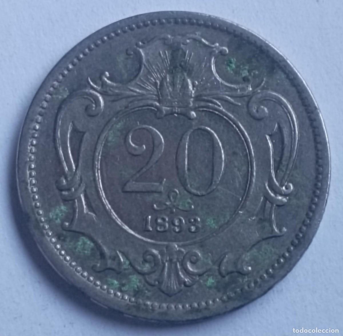 Monedas antiguas de Europa: Moneda de Austria 20 heller de 1893 - Foto 1
