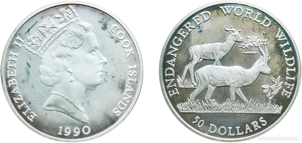 Monedas antiguas de Europa: Cook Islands New Zealand Free Association 1990 PM 50 Dollars - Elizabeth II (Dama gazelle) Silver (