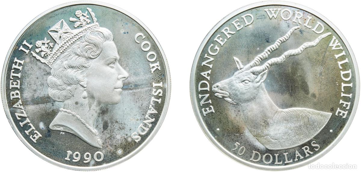 Monedas antiguas de Europa: Cook Islands New Zealand Free Association 1990 PM 50 Dollars - Elizabeth II (Blackbuck) Silver (.92