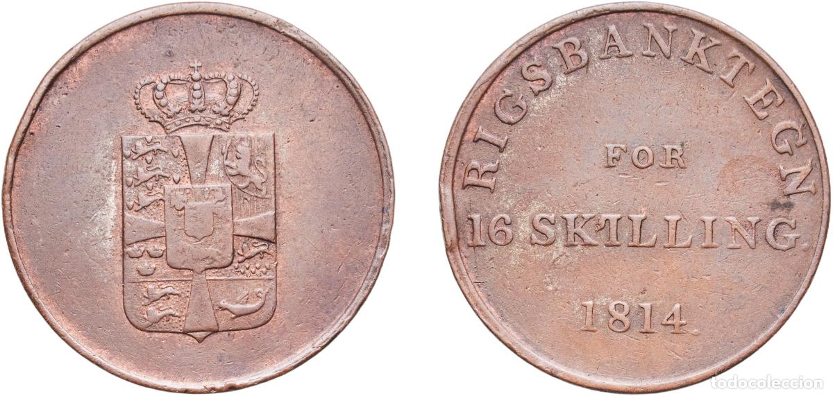 Monedas antiguas de Europa: Denmark Kingdom 1814 16 Skilling - Frederik VI (Rigsbank Token) Copper 14.1g XF KM Tn3