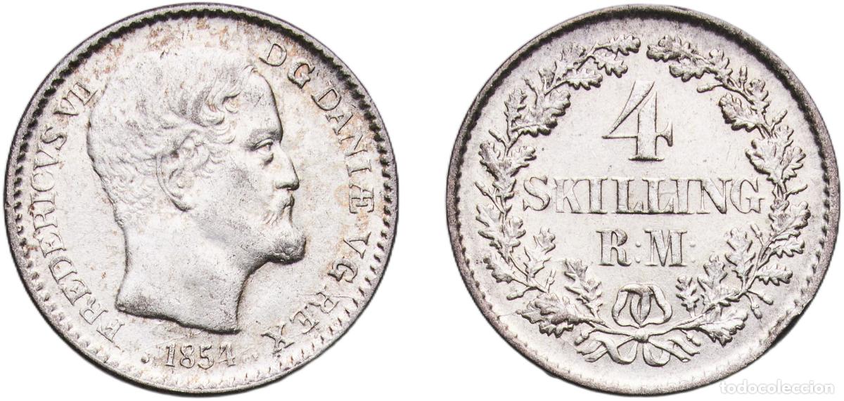 Monedas antiguas de Europa: Denmark Kingdom 1854 4 Skilling Rigsm&oslash;nt - Frederik VII Billon (.250 silver) Altona, Schleswig-Hols