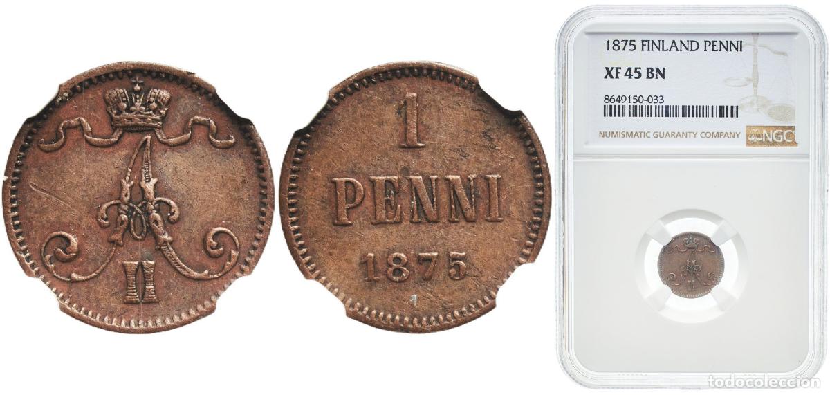 Monedas antiguas de Europa: Finland Grand duchy 1875 1 Penni - Alexander II Copper (1550000) 1.2g NGC XF 45 KM 1.2