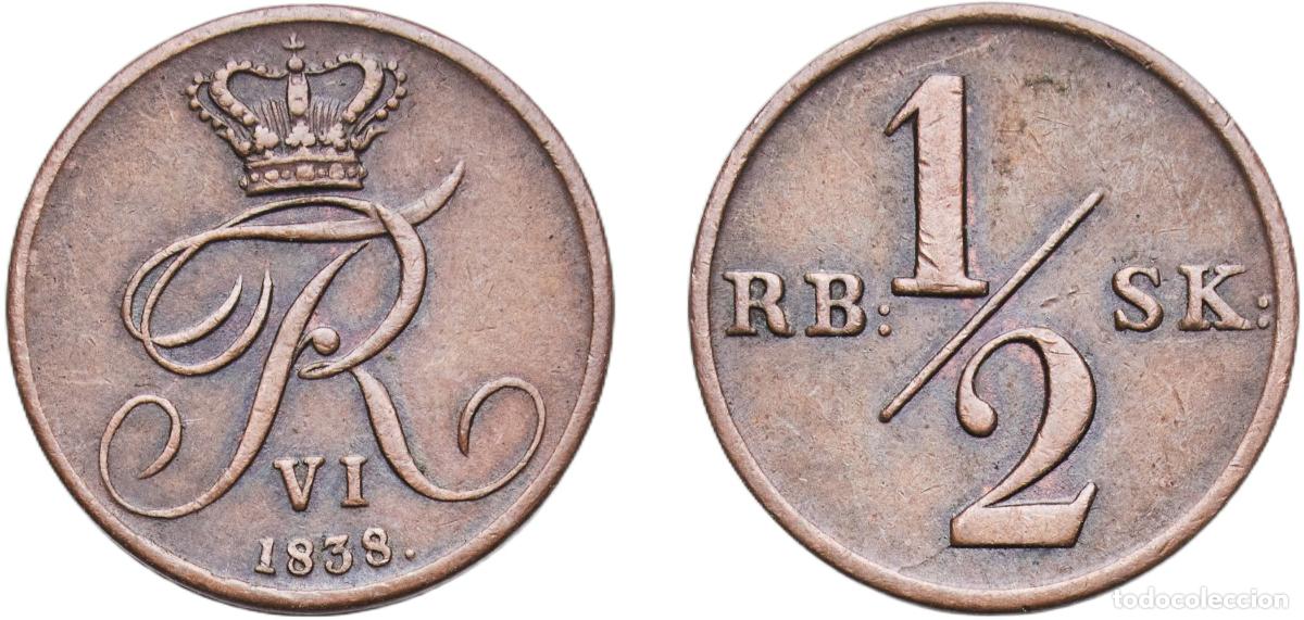 Monedas antiguas de Europa: Denmark Kingdom 1838 &frac12; Rigsbankskilling - Frederik VI Copper 3.59g AU KM 713