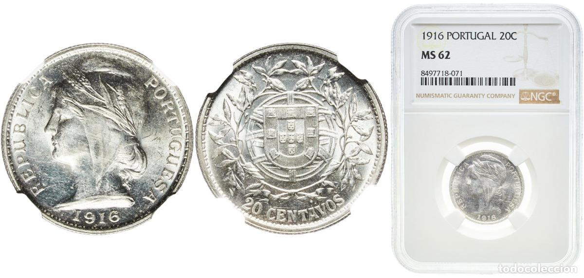 Monedas antiguas de Europa: Portugal First Republic 1916 20 Centavos Silver (.835) Lisbon Mint (706000) 5g NGC MS 62 KM 562 Go