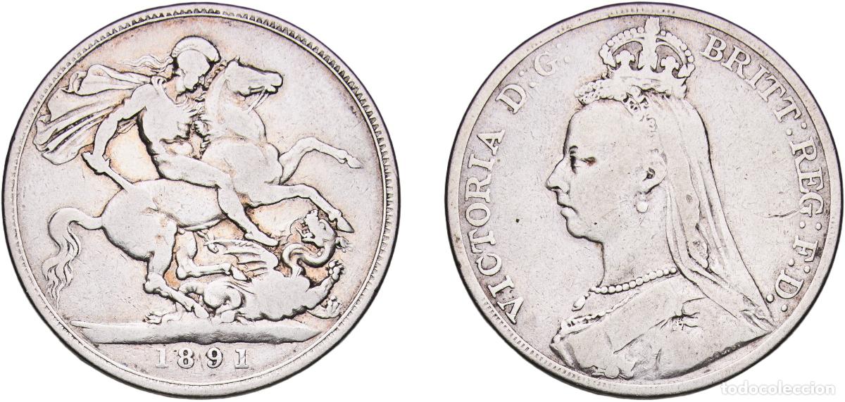 Monedas antiguas de Europa: Great Britain United Kingdom Kingdom 1891 1 Crown - Victoria (2nd portrait) Silver (.925) Royal Min
