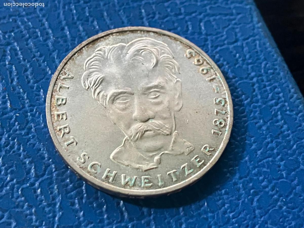 Monedas antiguas de Europa: Moneda plata Alemania Rep&uacute;blica Federal - 5 marcos 1975 - 100&ordm; Aniversario Schweitzer